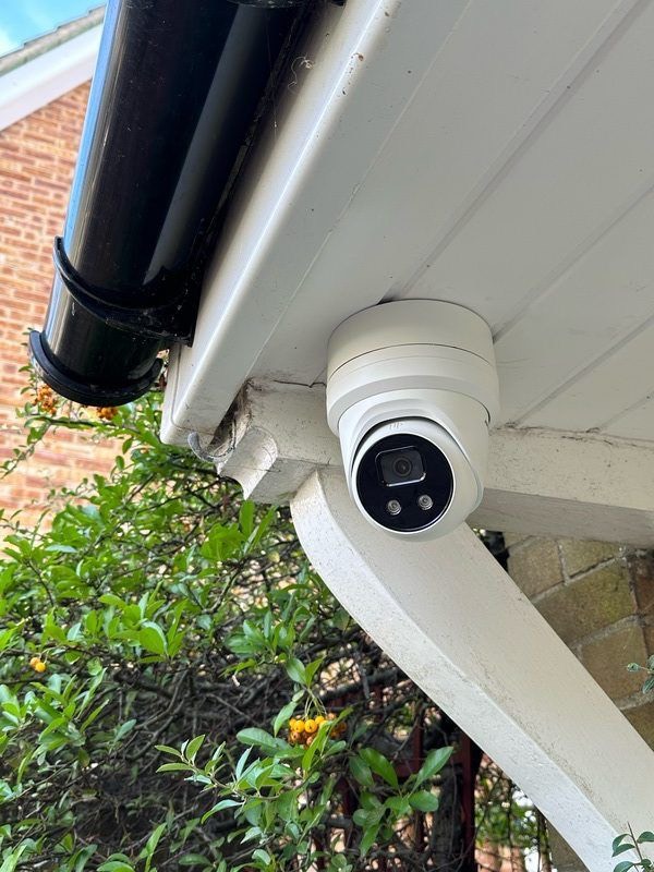 Outdoor turret CCTV camera installed under the eaves